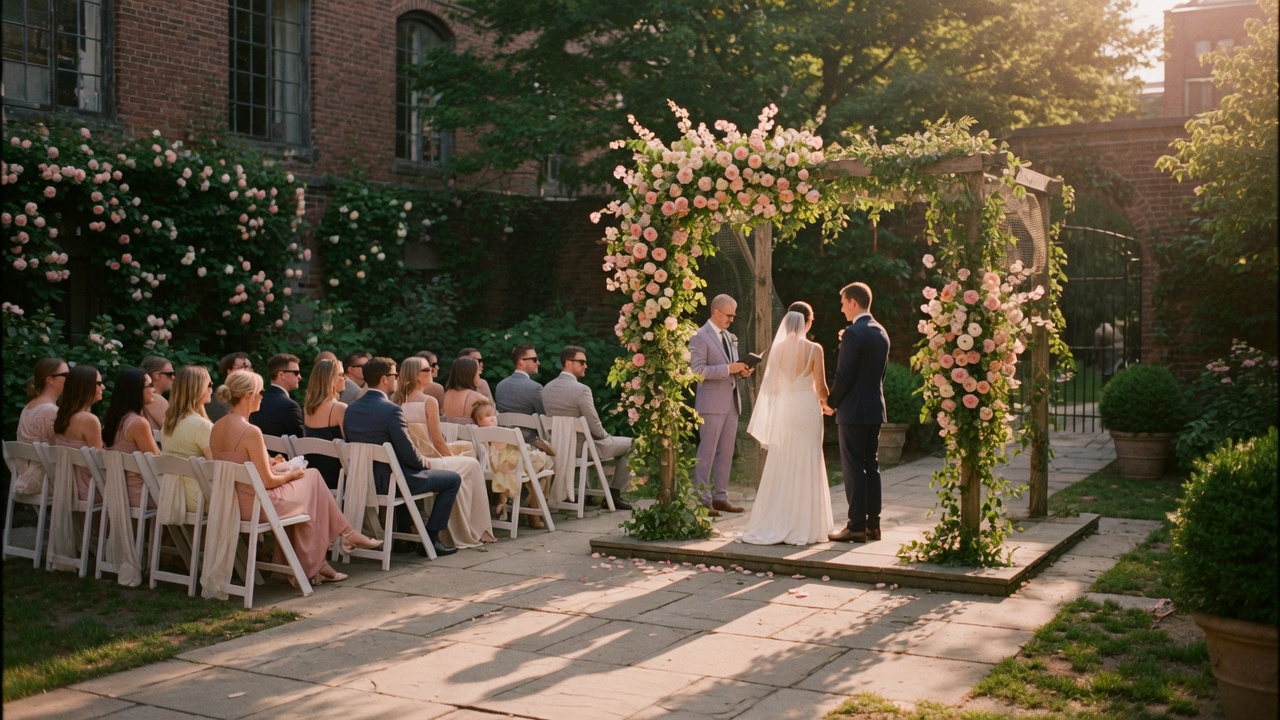Garden ceremony planned by Atelier Vow — aisle, floral arch, late afternoon light