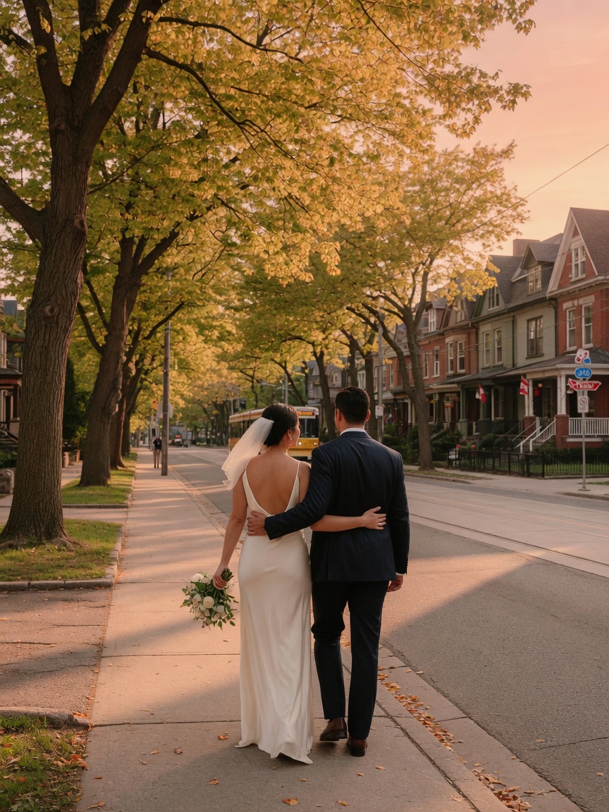 Couple walking after a Toronto ceremony planned by Atelier Vow