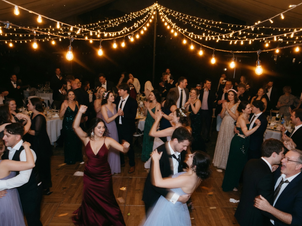 Wedding dance floor under string lights