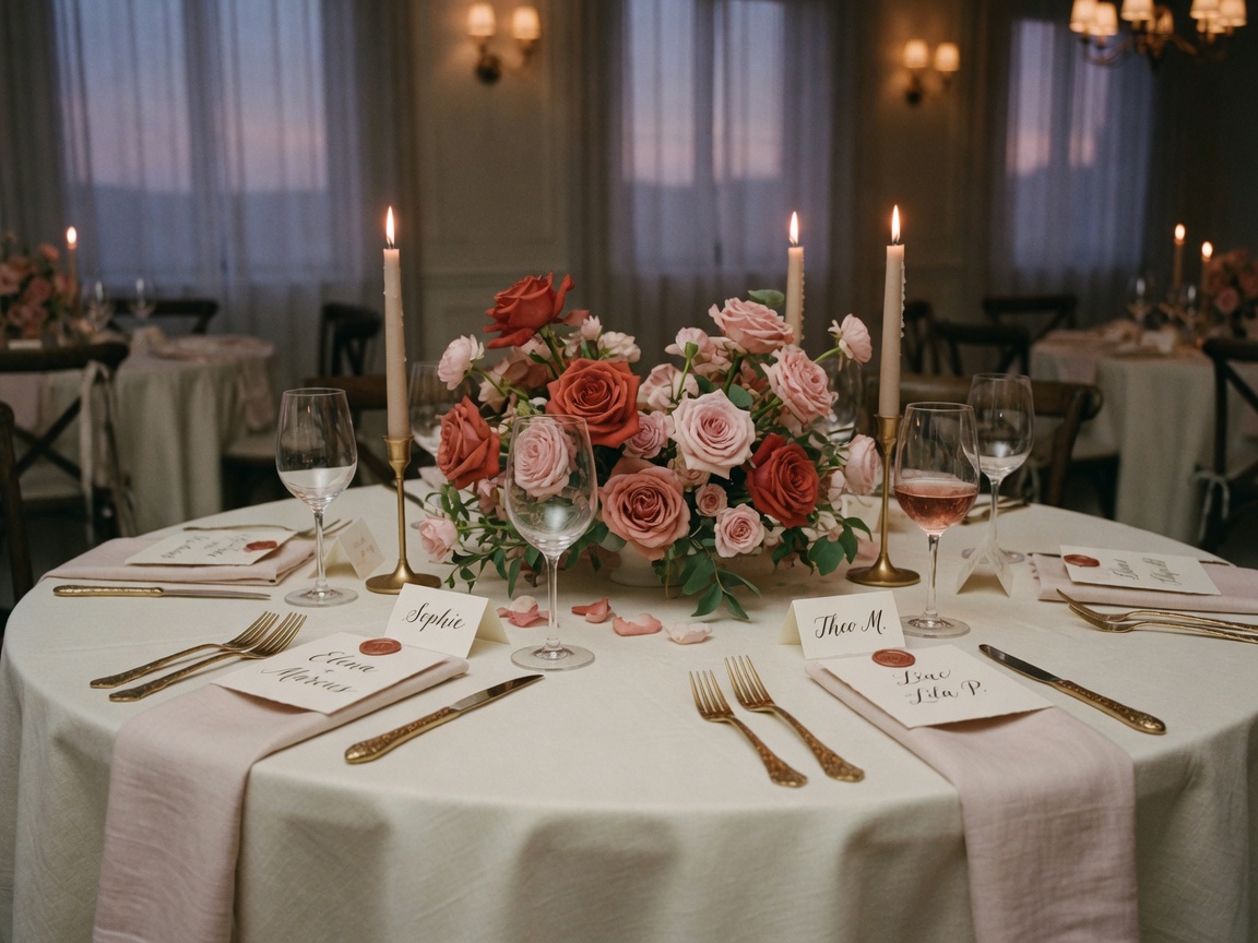 Reception tablescape with garden roses and taper candles